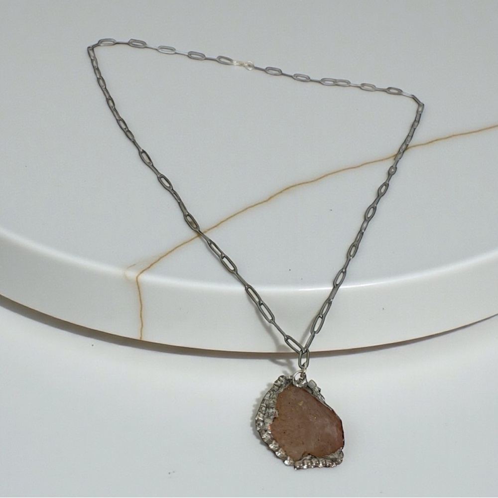 Pink Quartz Clear Rhinestone Paperclip Chain Necklace